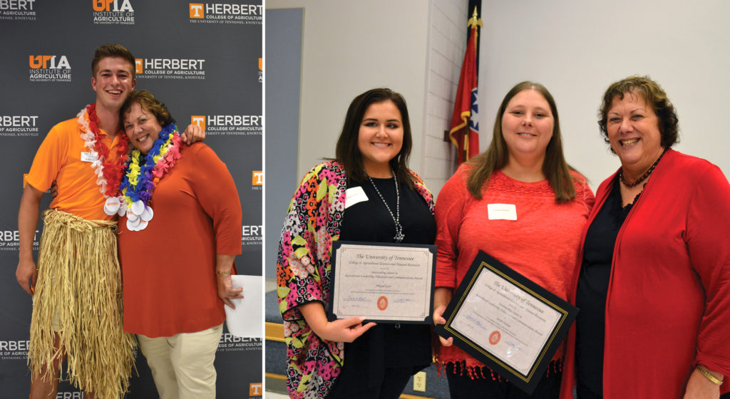 Two photos of Dean Beyl with students. First photo is at a celebration the second is students winning awards.