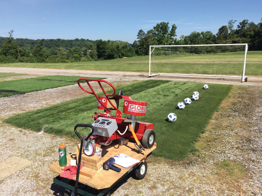 A turfgrass plot is tested for angled ball bounce with ball performance captured using high-speed video