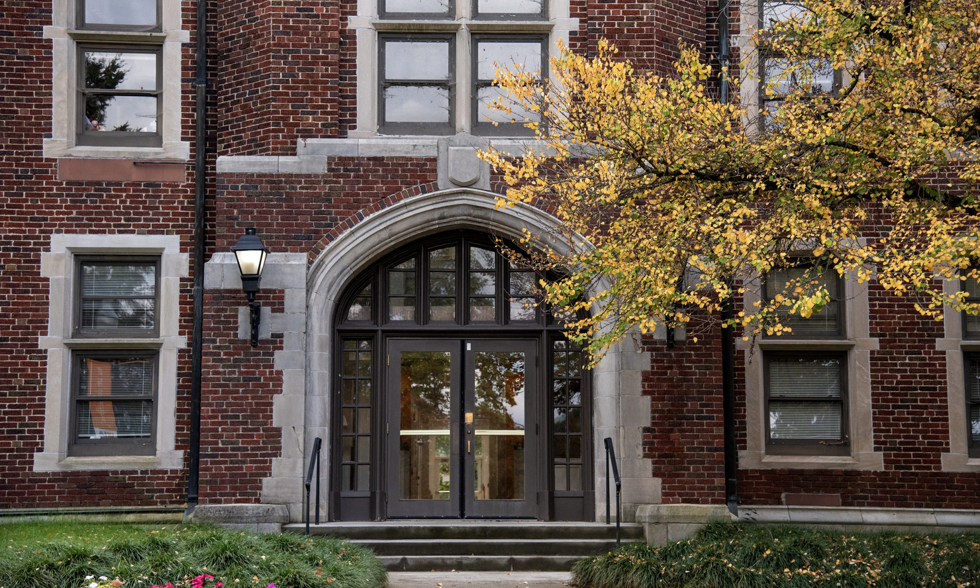 Photo of Morgan Hall during the fall, with yellow leaves on the tree by the front door
