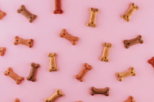 Photo of many small, bone-shaped dog treats scattered against a pink background