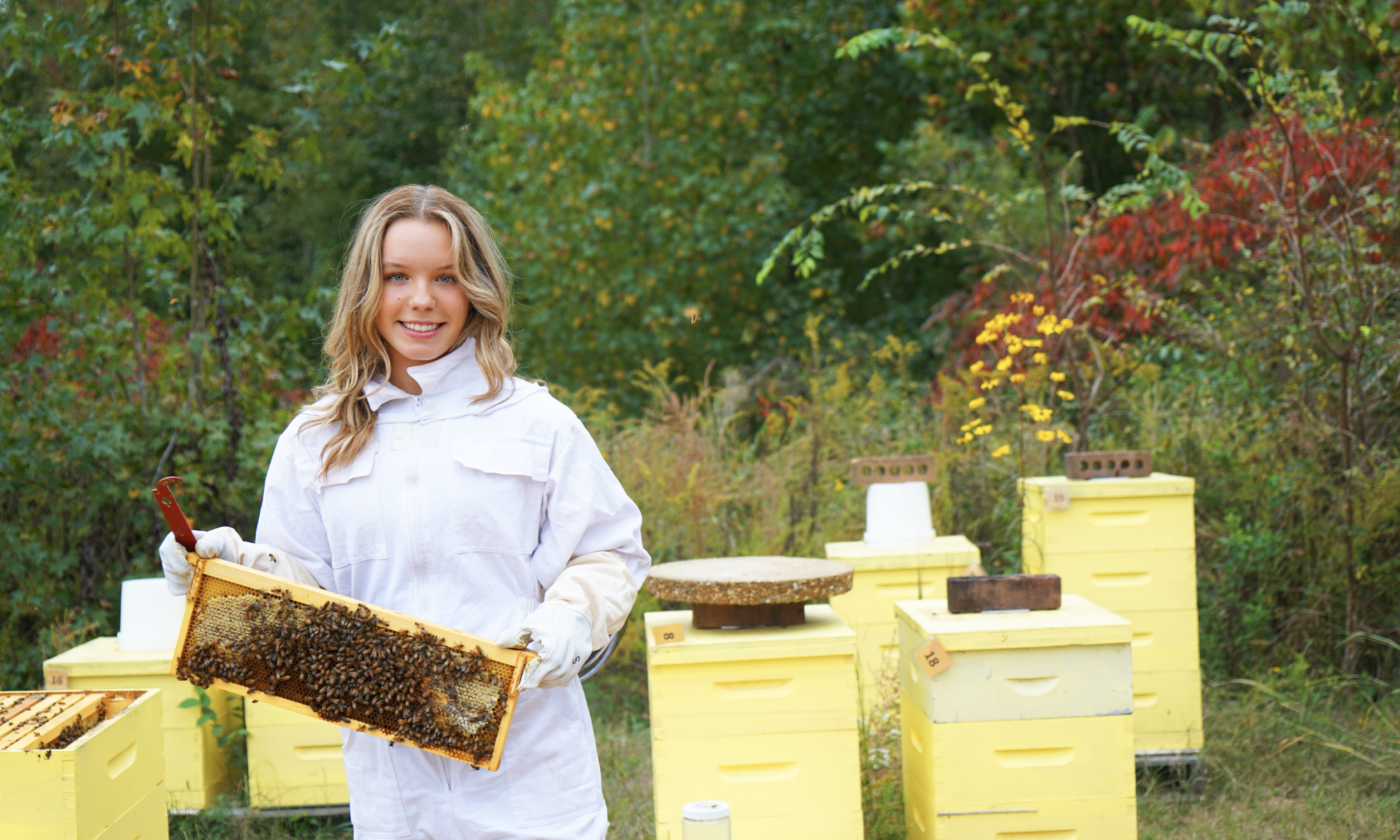 Paige Costello with her multiple bee hives