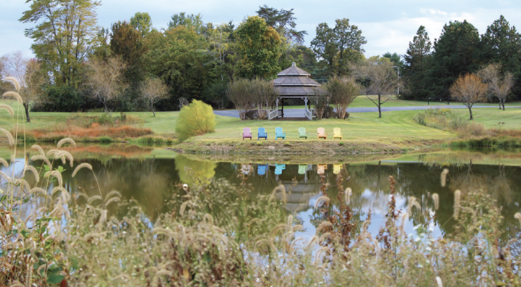 Clyde York 4-H and Youth Development Center pond and lawn with a gazebo and chairs