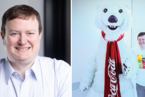 Headshot of Aaron Woody and a photo of Aaron with the Coca-Cola bear