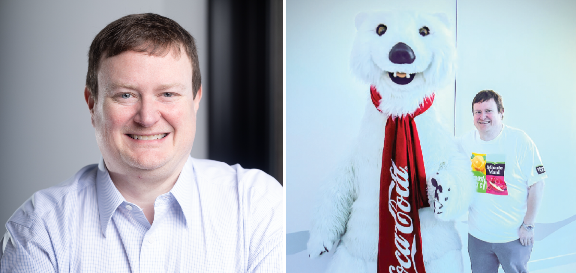 Headshot of Aaron Woody and a photo of Aaron with the Coca-Cola bear