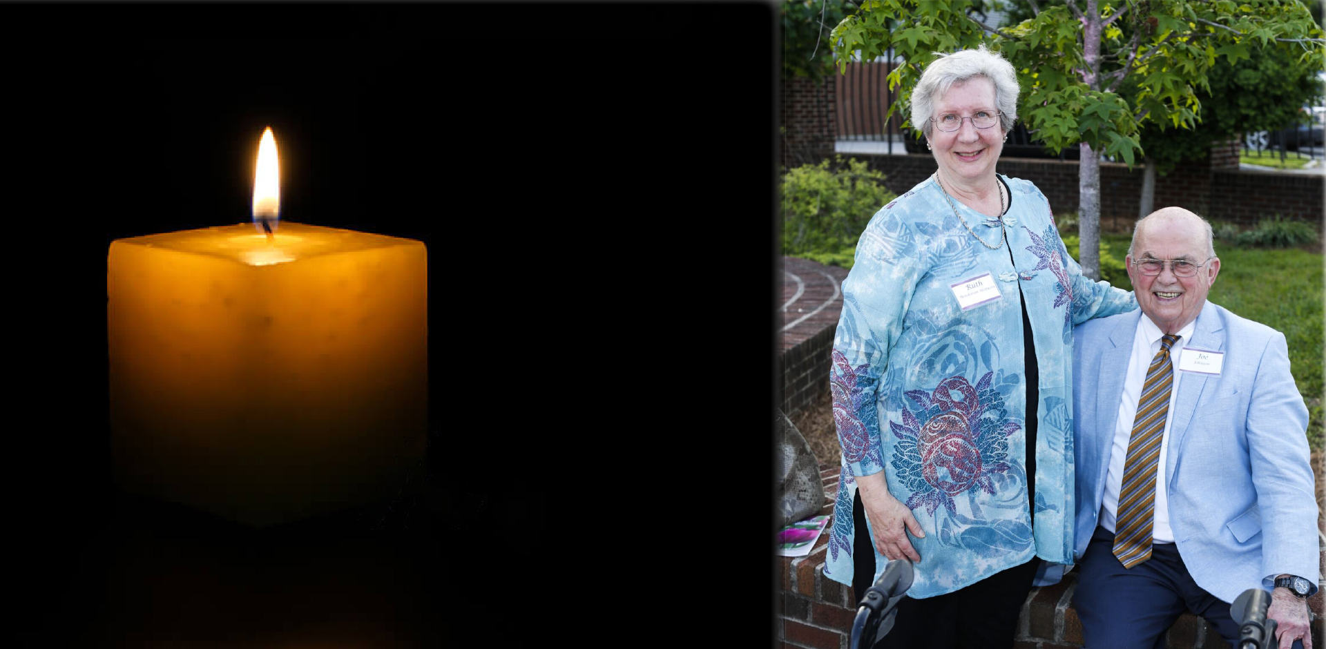 A candle lit with a photo of Joe Johnson with Ruth Henderson McQueen