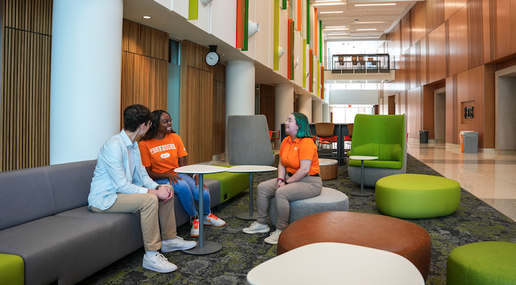 Students sitting at the task seating in the new building