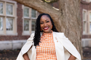 Courtney Doss in front of Morgan Hall