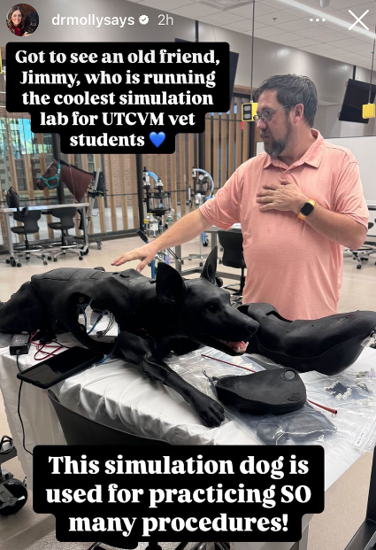 Jimmy Hayes with a simulation dog for practicing procedures