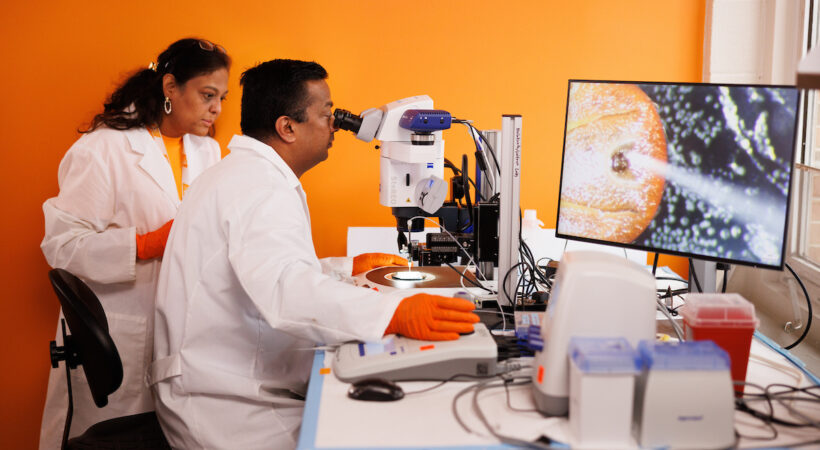 Two professors in a lab working together