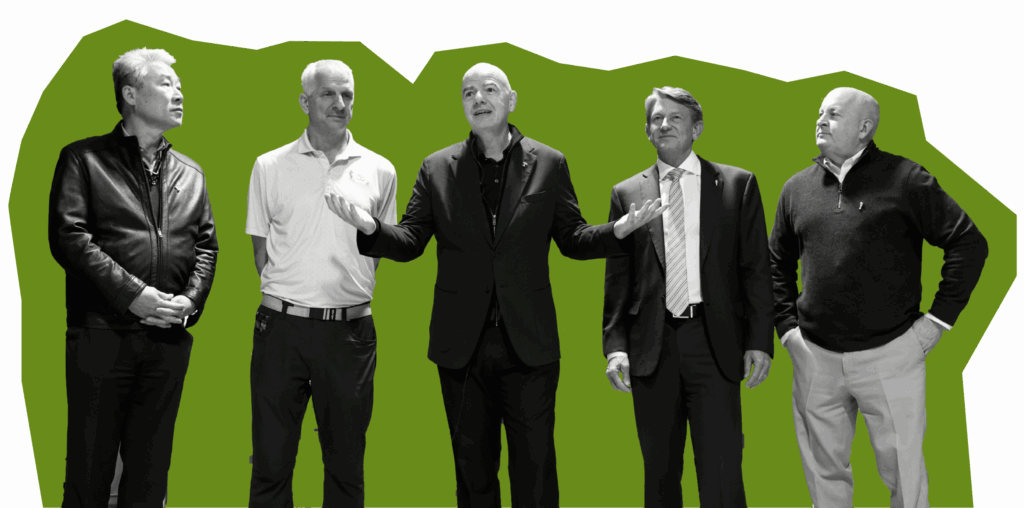 Four people listening to a fifth person speak