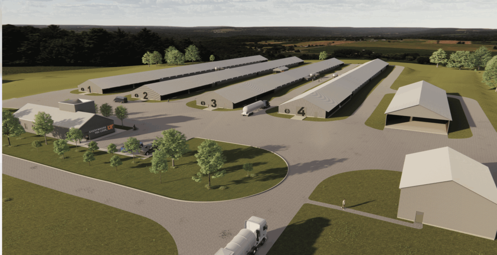 An architectural rendering of a new broiler chicken facility
