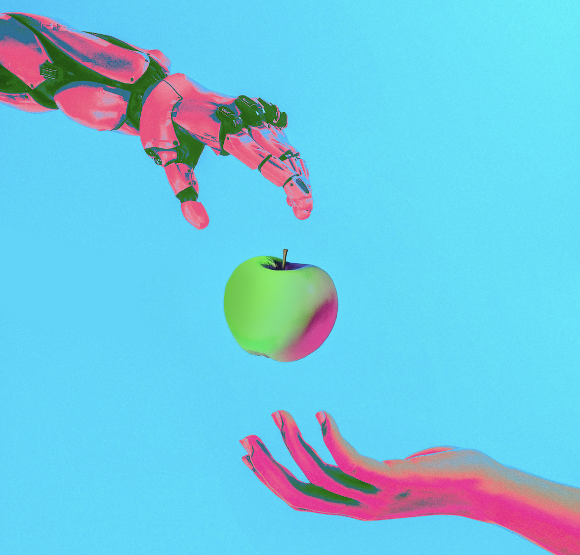 A robot arm handing an apple to a human hand