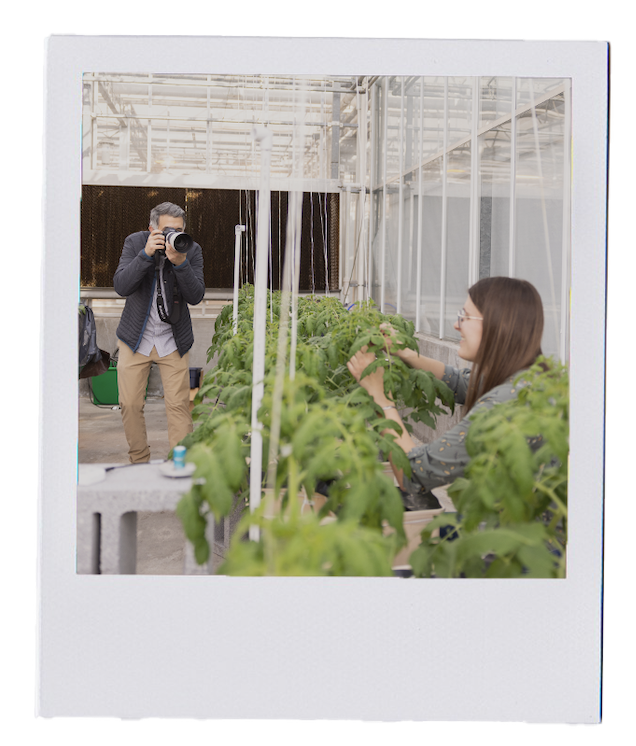 A photographer taking pictures of a professor in a greenhouse