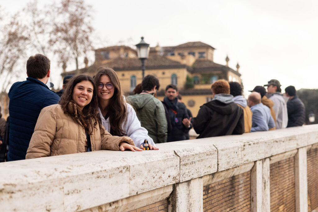 Students Gracie Orrico, left, and Isabel Hemmelgarn pause for a photo during a tour of Rome’s bridges.