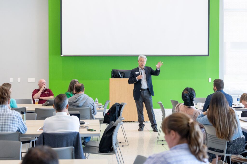 Hongwei Xin, Dean of AgResearch, speaks to a Brazilian delegation visitsing a workshop hosted by the Smith Center in Knoxville as a collaboration with UTIA and educational institutions in Brazil on April 27, 2026. Photo by Raffe Lazarian / UTIA