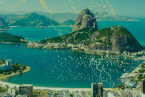 Image in Brazil with on overlay of a map with a line from Tennessee to Brazil