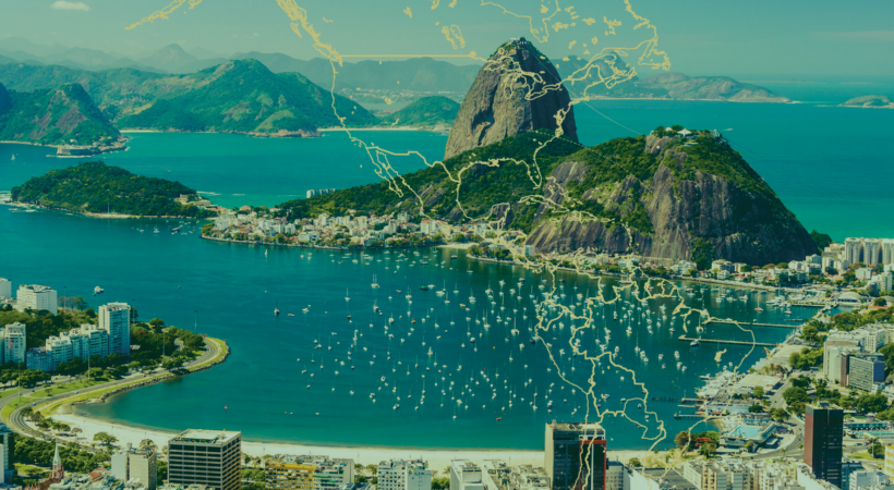 Image in Brazil with on overlay of a map with a line from Tennessee to Brazil