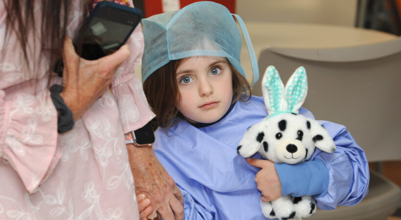 Little girl holding a toy dog