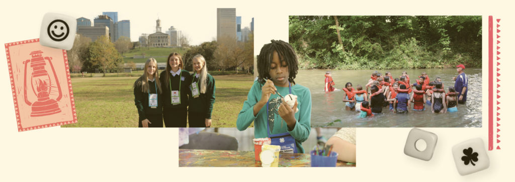 A collage of 4-H images with members at the capitol, painting, and in a river.